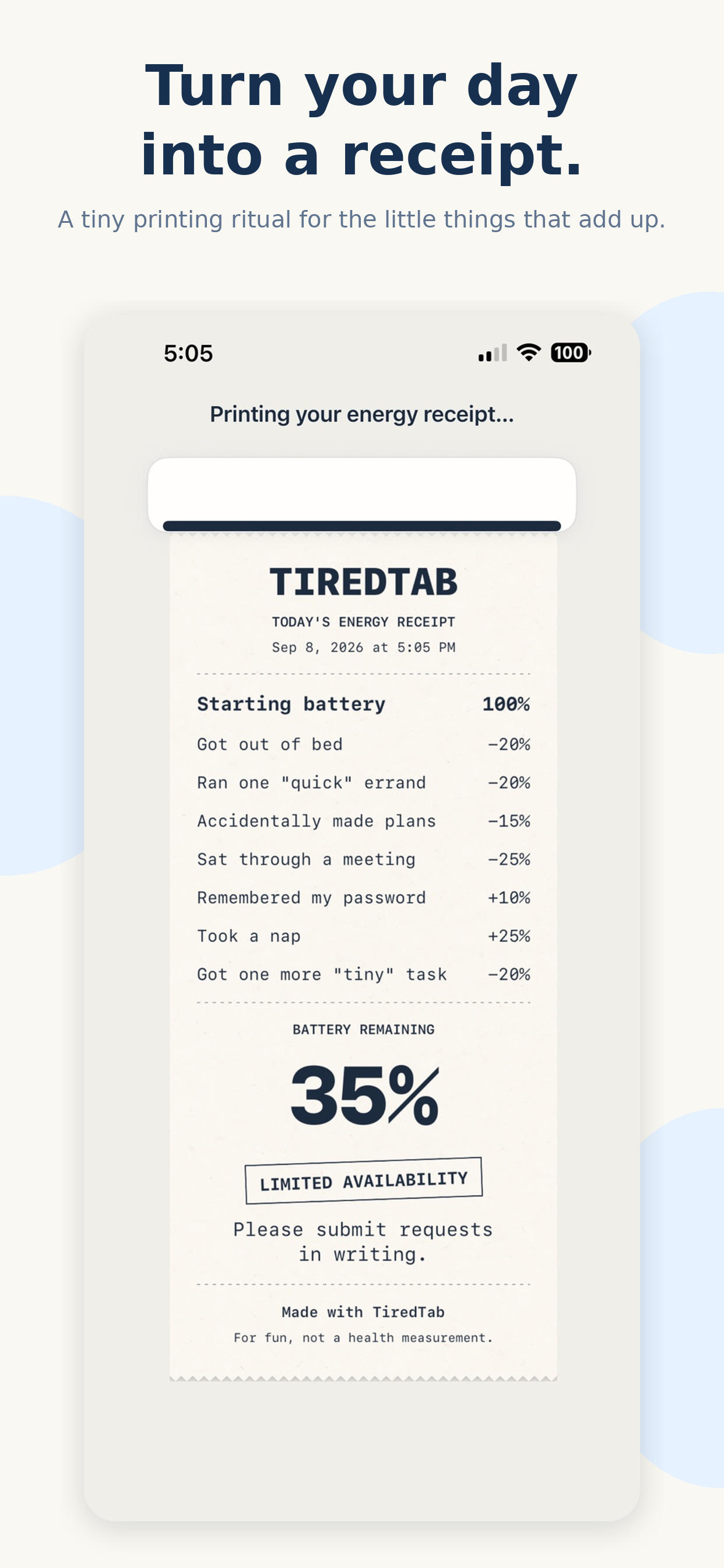 TiredTab turning daily events into an energy receipt with 35 percent battery remaining